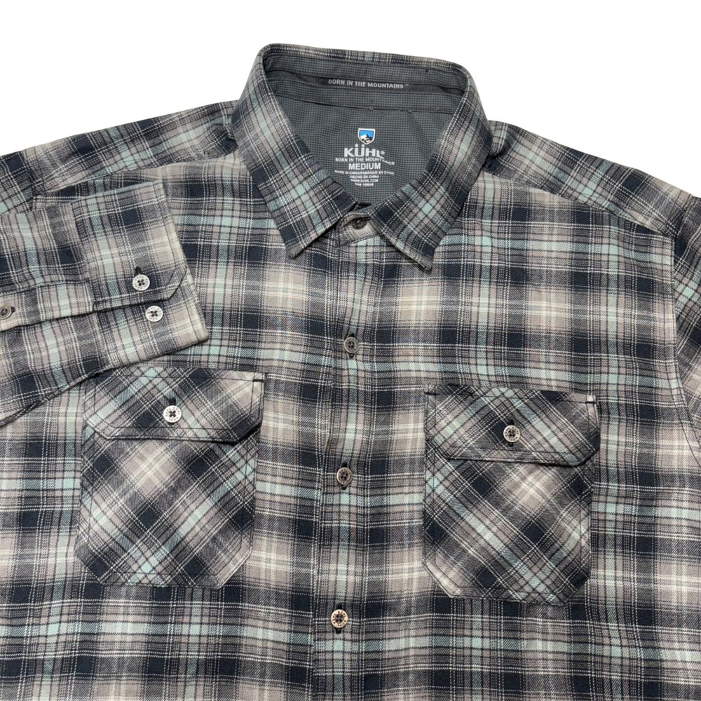 KÜHL Dillingr Flannel Shirt Mens Medium Gray Blue Plaid Long Sleeve Button Front